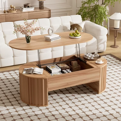 Lift Top Coffee Table with Storage, Oval Fluted Center Table with Hidden Compartment, Vintage Coffee Table for Living Room, Light Brown | Target