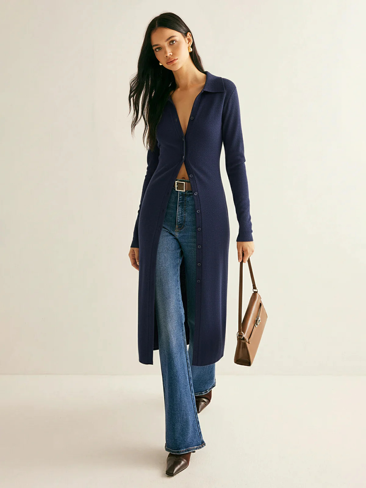 Collared Button Front Longline Knit Cardigan | Commense