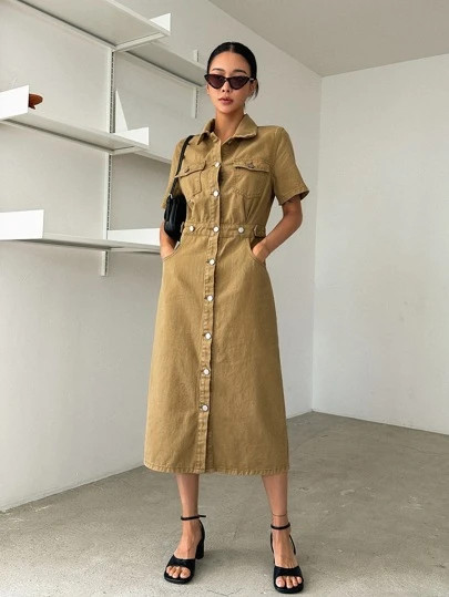 DAZY Flap Pocket Button Front Shirt Denim Dress | SHEIN