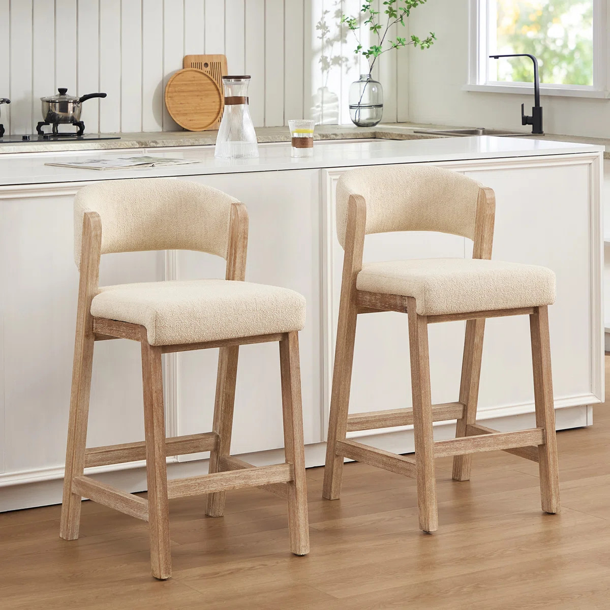 26.2"H Mid-Century Upholstered Linen Counter Stool With Solid Wood Frame (Set of 2) | Wayfair North America