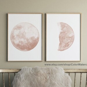 Moon Watercolor Painting, Moon Wall Art, Moon Phase Print, Pale Pink Decor, Moon Phases set of 2 ... | Etsy (US)