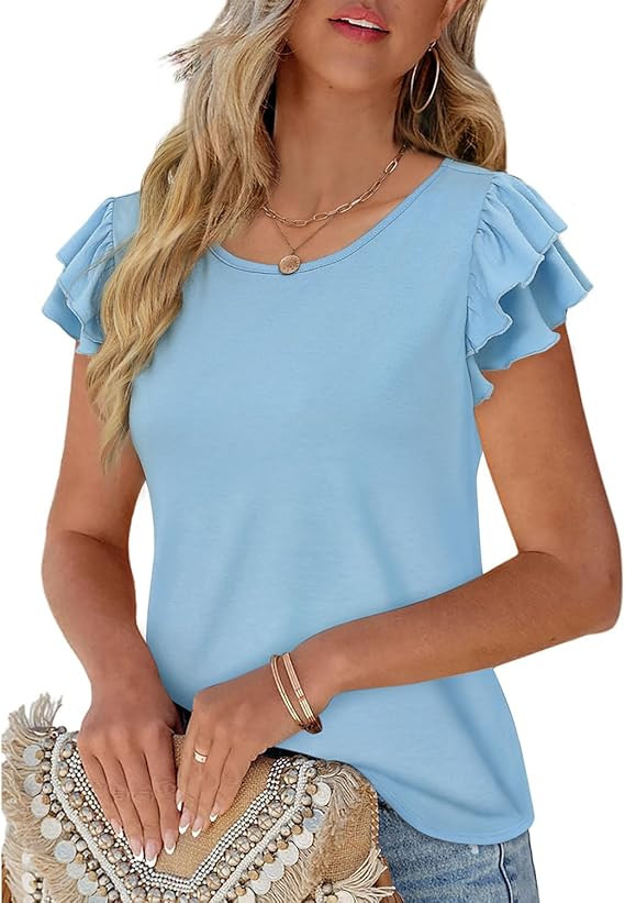 NORACORA Womens Ruffle Short Sleeve Summer Tops Cute Crew Neck Bacis T Shirts Casual Blouses | Amazon (US)
