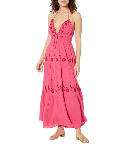 Free People Real Love Embroidered Summer Dress – Maxi Length – Tiered Skirt – Plunging Halter Neckline Moxie Combo LG (Women's 12) One Size | Amazon (US)