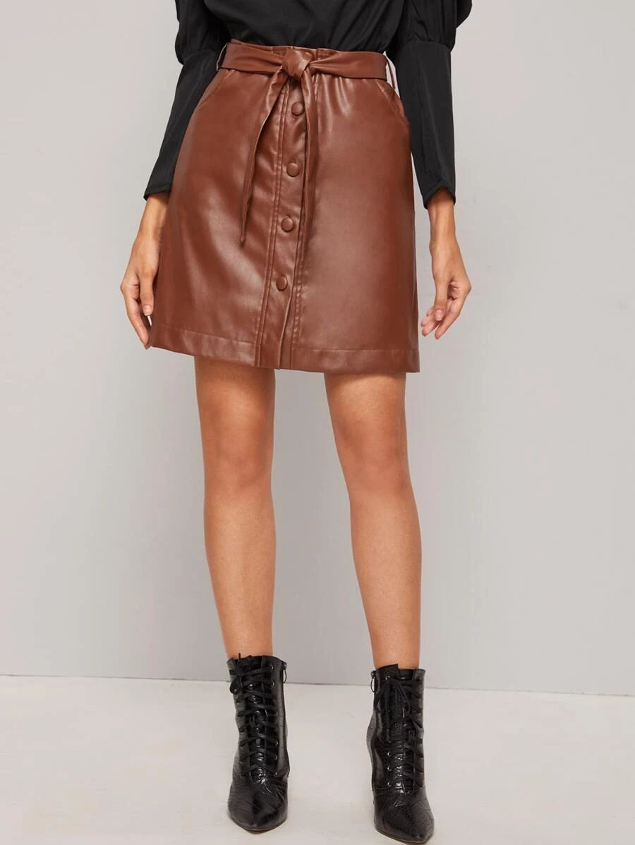 Button Front PU Leather Belted Skirt
     SKU: swskirt04191210626       
                38 Revie... | SHEIN