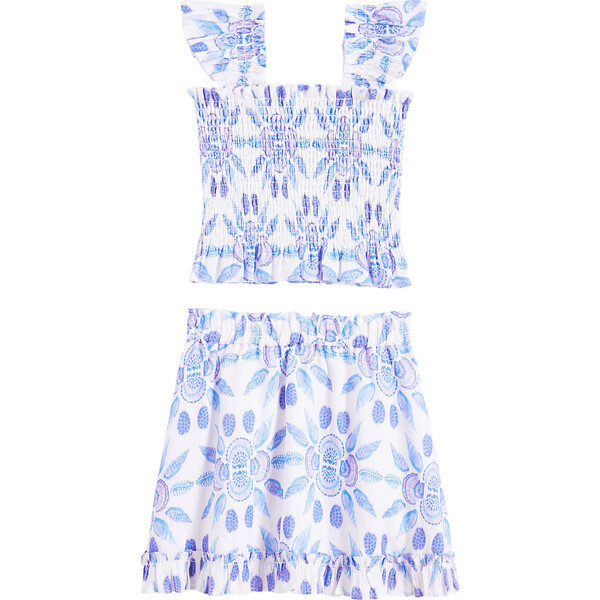 The Girls Linen Paz Set, Blue Shell Mosaic Linen | Maisonette