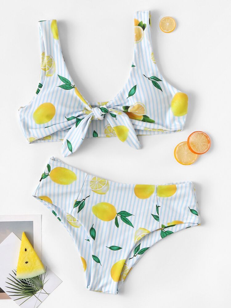 Random Striped and Lemon Print Knot Bikini Set | SHEIN