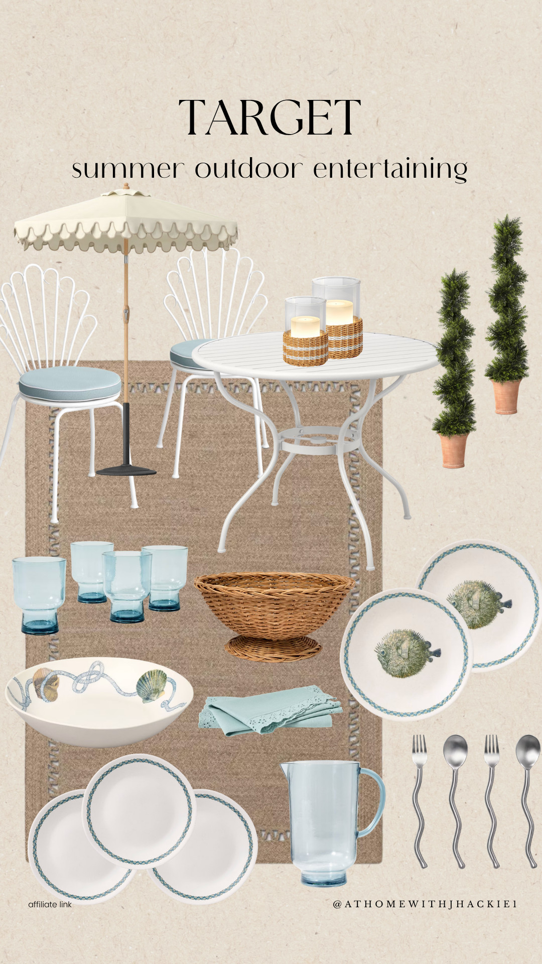 Hosting this summer? You’ll want this setup from @target 🤍

#Target #TargetPartner Outdoor dining set, patio bistro table, white metal patio furniture, scalloped patio umbrella, coastal outdoor decor, summer entertaining ideas, outdoor tablescape, coastal dinnerware set, fish print plates, melamine outdoor dishes, blue drinking glasses, acrylic drinkware, outdoor pitcher, wicker serving bowl, woven basket decor, outdoor serving essentials, summer hosting setup, backyard dinner party ideas, patio entertaining decor, coastal table setting, beachy home decor, light blue outdoor accents, outdoor flatware set, summer patio styling, target outdoor decor, affordable patio furniture, neutral outdoor rug, outdoor entertaining must haves 

 

#LTKHome #LTKSeasonal