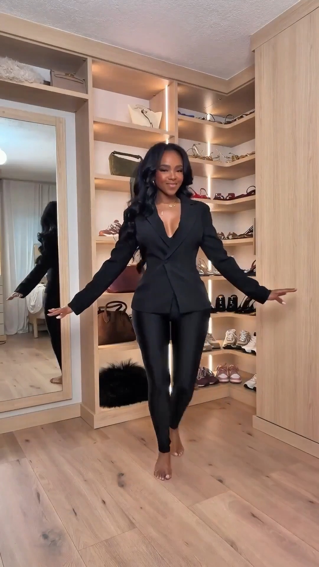 A power look that does the most with minimal effort. This tailored black blazer paired with sleek leggings creates that confident, polished energy that works from day to night with just a shoe or bag swap.

This is a perfect example of a smart long-term shopping strategy. Both pieces are styled multiple ways, making the cost per wear drop fast while still delivering that elevated, put-together look every time.

Perfect for dinner dates, girls’ night, business casual settings, travel days, content creation, or anytime you want a chic all-black outfit moment.

📏 Sizing & fit details:  
Blazer: Size Small  
Leggings: Size Small  
Shoes: True to size  

Measurements: 5'4", 138 lbs, 34D bust, 27" waist, 40" hips

This outfit fits seamlessly into elevated everyday outfits, chic black outfits, capsule wardrobe essentials, polished layering looks, confident feminine style, modern workwear, and versatile neutral styling that transitions effortlessly from casual to dressy.

Tap to get details and recreate this look.

Follow me on Instagram and YouTube @kirasfashionfinds 

#LTKPetite #LTKootd #LTKgrwm