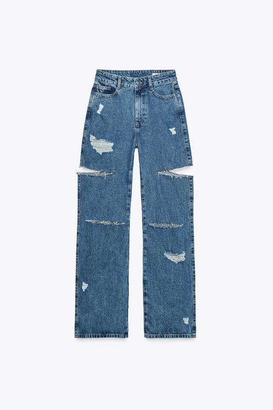 Z1975 MID-RISE STRAIGHT CUT OUTS RIPPED JEANS | Zara US
