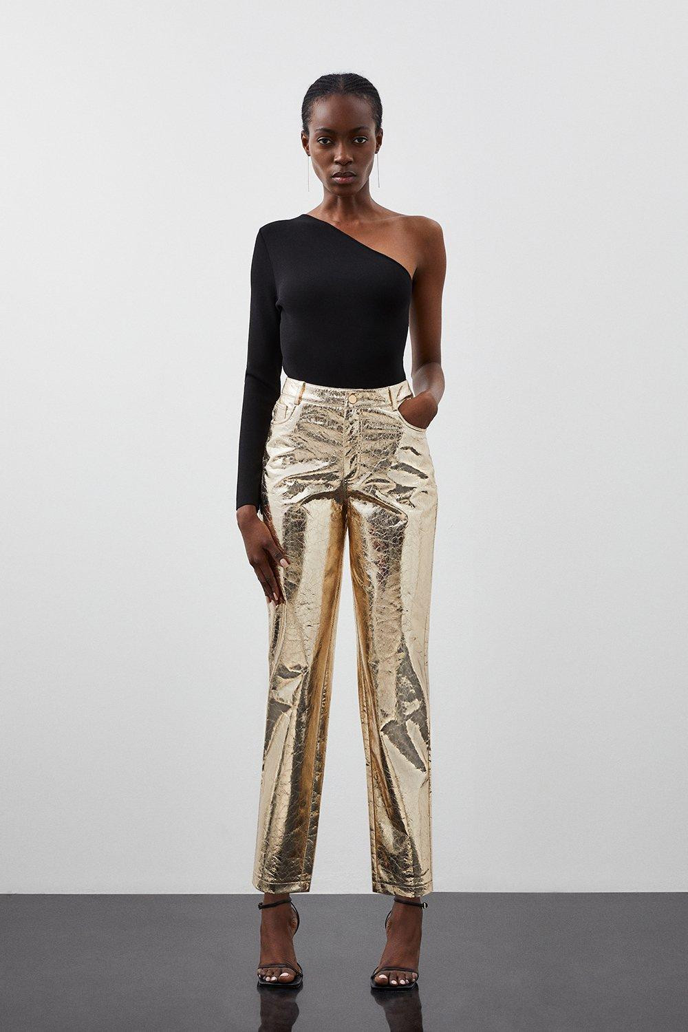 Tall Metallic Faux Leather Straight Trousers | Karen Millen UK + IE + DE + NL