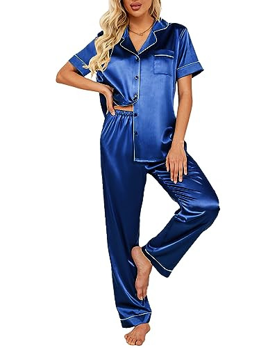 Ekouaer Silk Satin Pajamas Set Women Short Sleeve Sleepwear Soft Button Down Loungewear Pjs Set | Amazon (US)