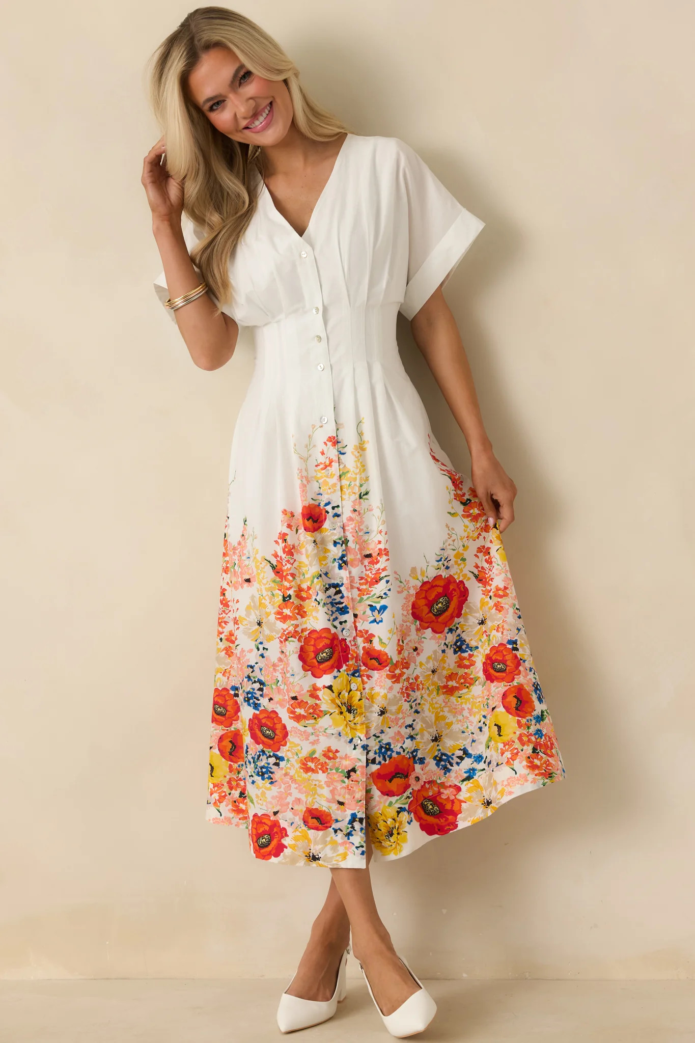What Comes Next White Multi Cotton Floral Midi Dress | Red Dress