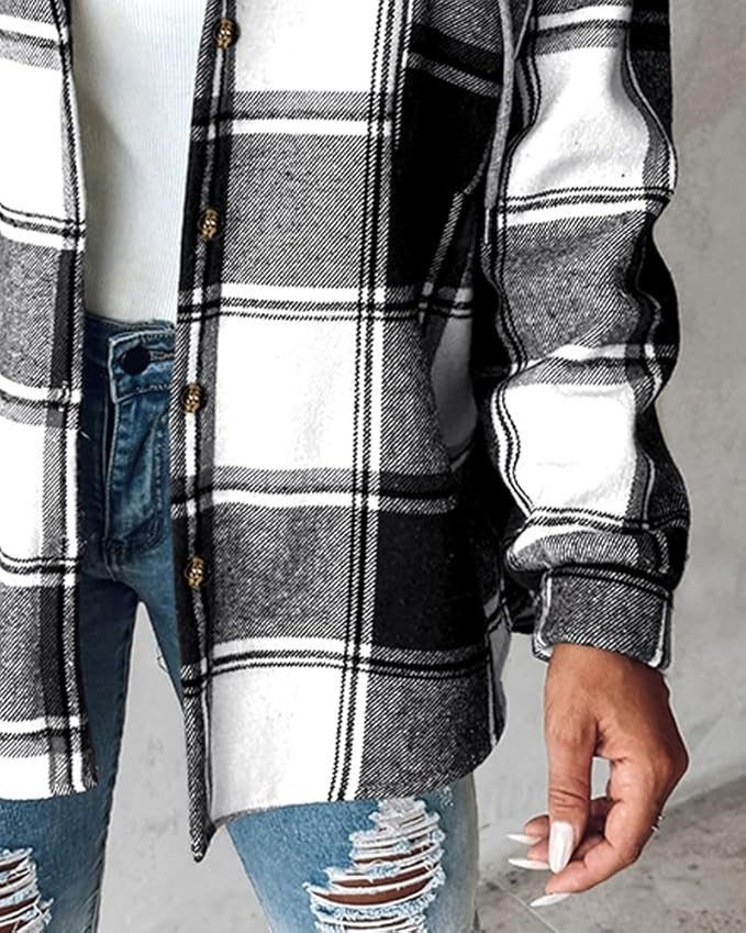 CHICME Womens Lightweight Casual Jacket Plaid Long Sleeve Shacket Fleece Lined Hooded Jackets War... | Amazon (US)