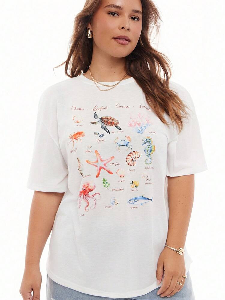 SHEIN EZwear Plus Size Casual Minimalist Ocean Animal Graphic Round Neck Short Sleeve Loose T-Shirt For Plus Size Women, Suitable For Summer | SHEIN US | SHEIN