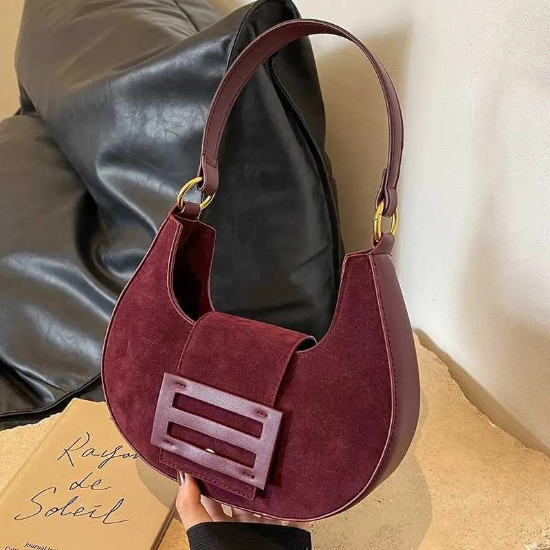 Single-shoulder bag Burgundy High-end Underarm Bag 2024 Autumn/Winter Wens Matte Suede PU Splicin... | DHGate