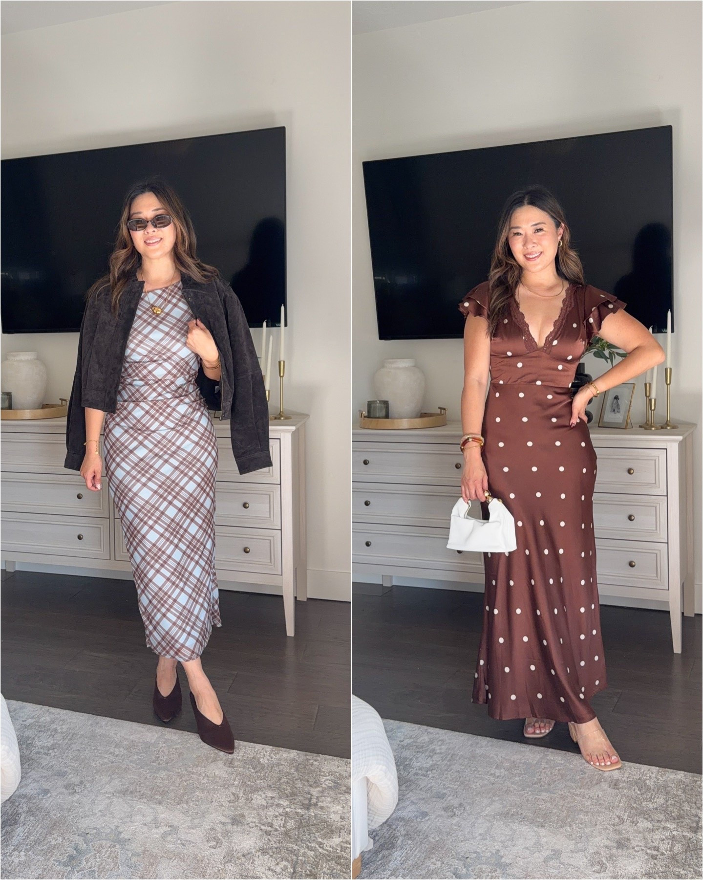 Petal and Pup dresses
Plaid Mesh Dress: Medium
Polka Dot Dress: Small
Suede Jacket: Medium