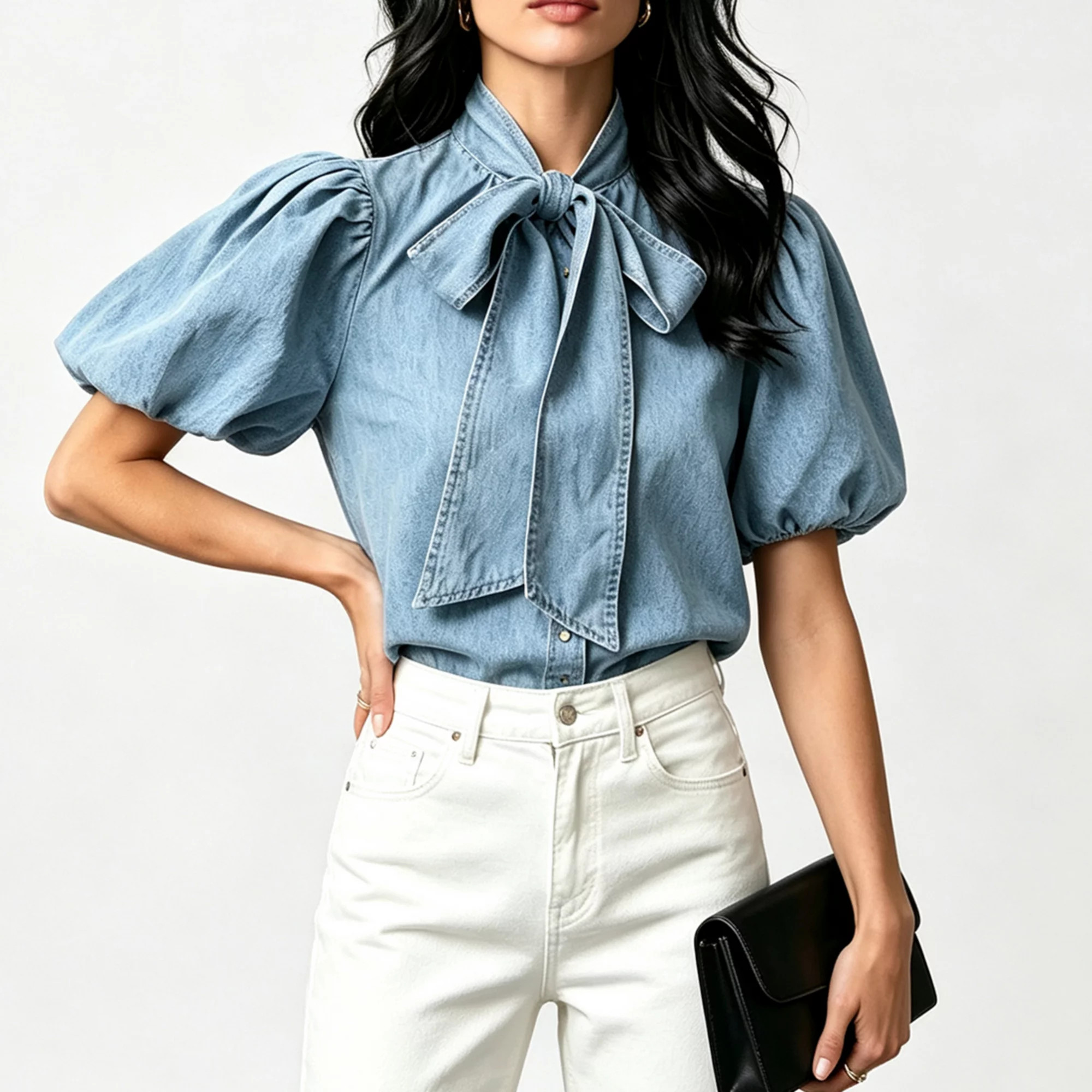 Women Bow Tie Neck Denim Blouse Puff Short Sleeve Stand Collar Light Wash Casual Denim Shirt Top | Kohl's
