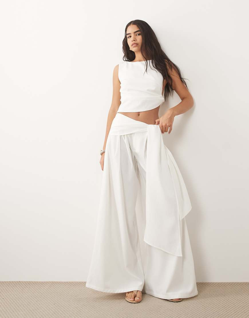 Missy Empire volume drape tie front wide leg pants in white - part of a set | ASOS (Global)