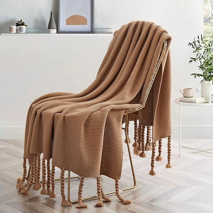 Aormenzy Brown Throw Blanket with Tassels, Oversized Knitted Throw Blanket for Couch Bed Sofa, 60... | Amazon (US)