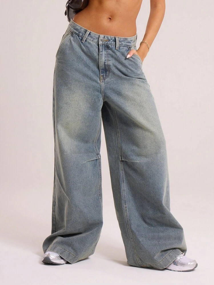 MUSERA Wash Vintage Denim Baggy Oversized Knee Darts Jeans | SHEIN
