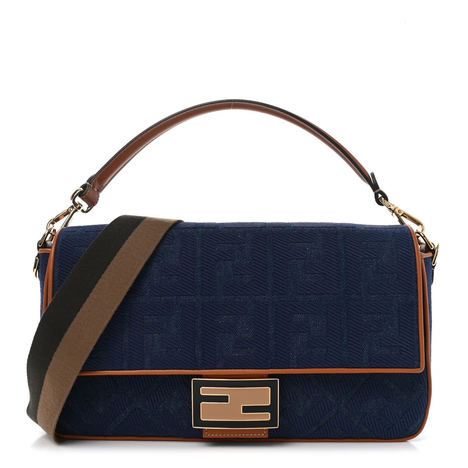 Denim Vitello King FF Embroidered Large Baguette Blue Cuoio | FASHIONPHILE (US)