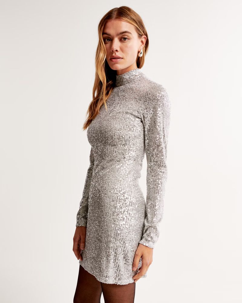 Long-Sleeve Sequin Mockneck Mini Dress | Abercrombie & Fitch (US)