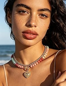 Double Layered Necklaces for Women,Colored Acrylic Beaded Choker,Gold Heart Charm Pendant, Chunky... | Amazon (US)