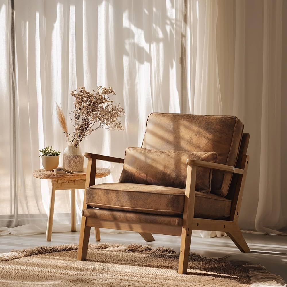 VINGLI Reading Rustic Accent Chair | Solid Wood | Mid Century Modern | Wide Armrests, Upholstered... | Amazon (US)