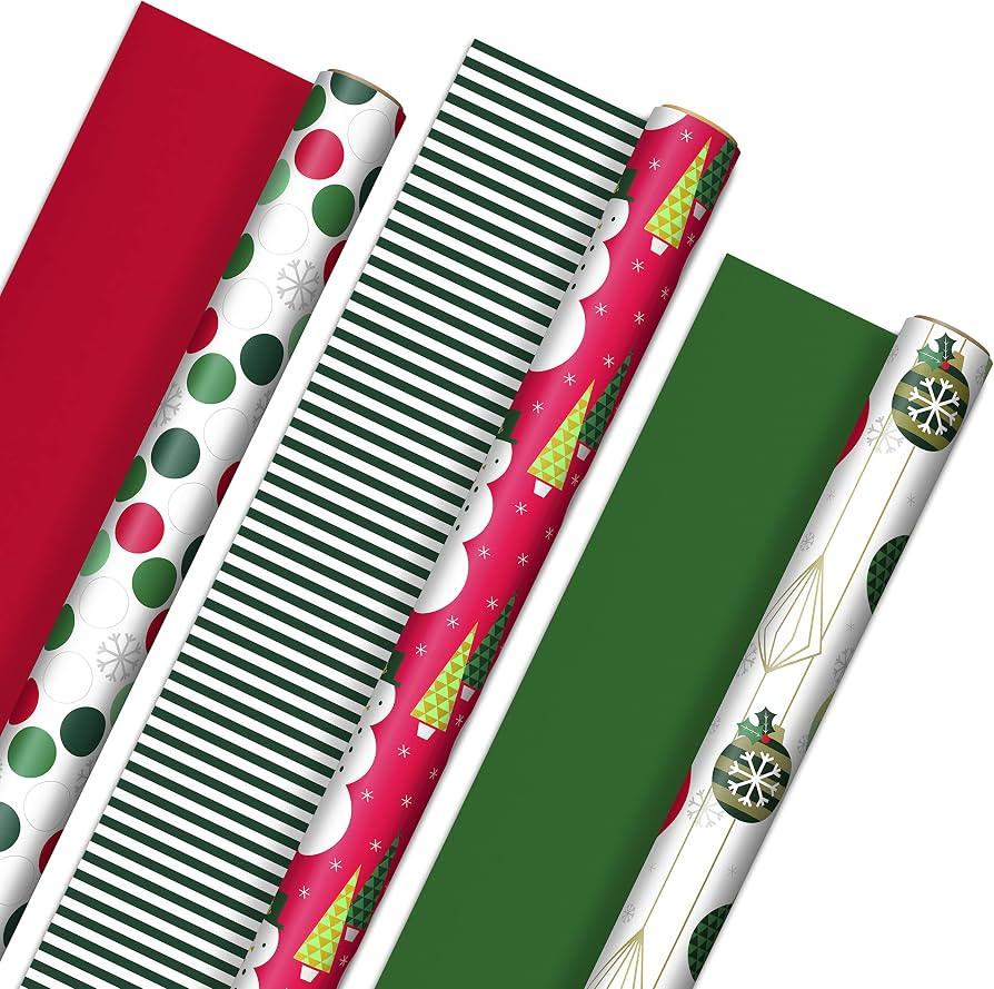 Hallmark Reversible Christmas Wrapping Paper (3 Rolls: 120 sq. ft. ttl) Retro Ornaments, Stripes,... | Amazon (US)