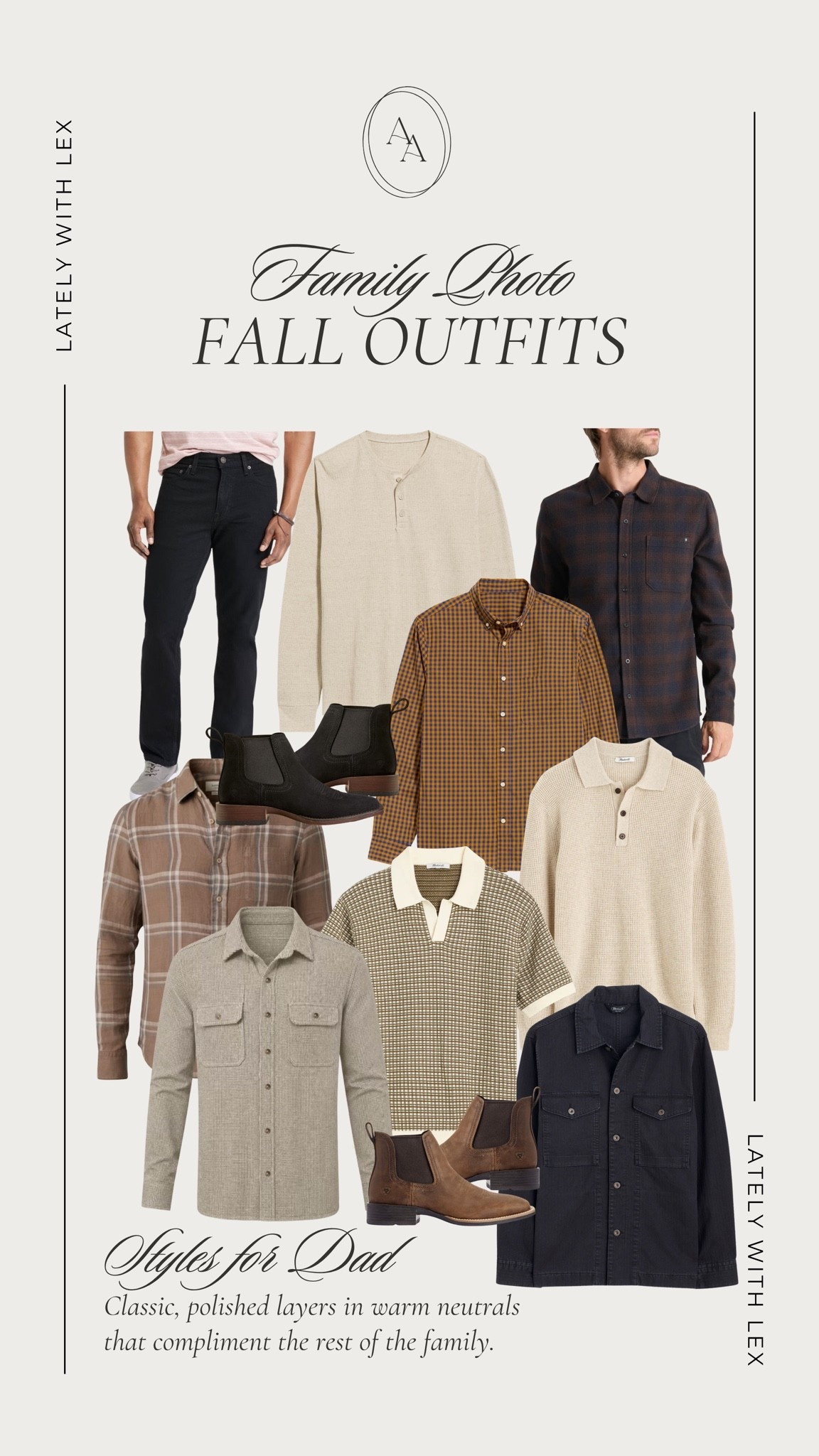 Family photo fall outfits for dad 🍂. Classic, polished layers in warm neutrals that complement the rest of the family. Think neutral button downs, jackets, or sweaters that simply tie the colors together! 

Fall outfits || family photo outfits || fall family photos || outfit inspiration || men’s fall outfits || men’s fall fashion || fall style || outfits for dad || outfits for him

#LTKMens #LTKSeasonal #LTKootd