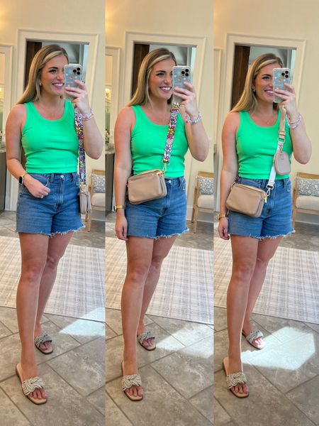 Outfit from today! Cutest green tank! 😍 perfect length for high waisted shorts. TTS - M
Fav denim shorts. 5” inseam and curve fit. Don’t ride up in inner thighs. I size up 1 to the size 30 for a comfy fit (typically a size 29/8). 15% off & just restocked 🤩
Steve Madden sparkle sandals lookalike. So cute & comfy. 20% off! 

Steve Madden dupe green tank lime green bright green Kelly green size 8 bag strap colorful bag strap crossbody bag amazon purse prime floral flower 


#LTKsalealert #LTKunder50 #LTKFind