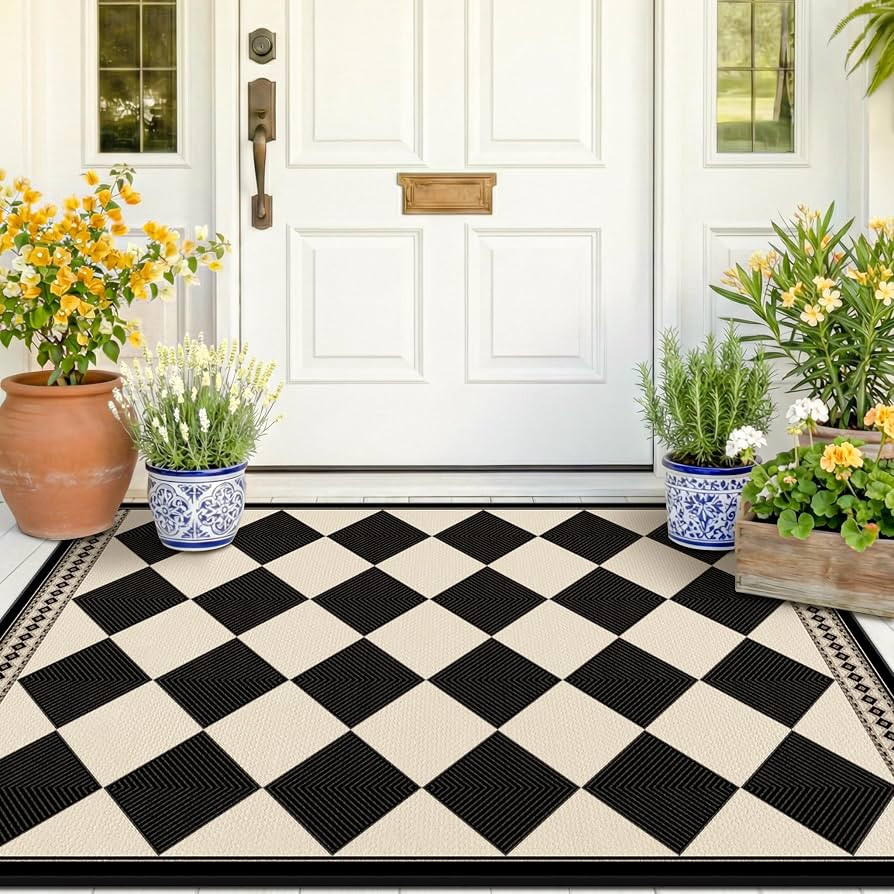 Black and White Diamond Outdoor Easy Jute Front Porch Rug 3x5, Washable Non-Slip Checkered Entryw... | Amazon (US)