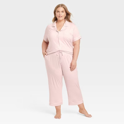 Women's Cloud Knit Short Sleeve Notch Collar Top and Cropped Pants Pajama Set - Auden™ | Target