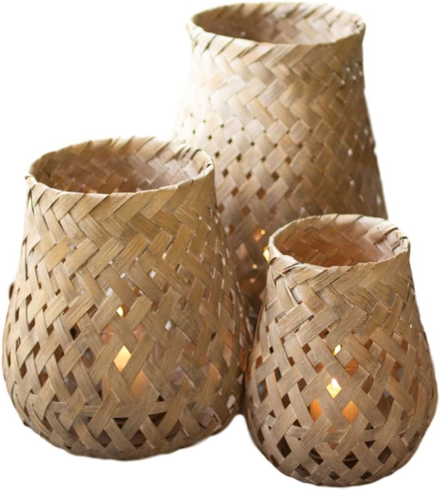 Tropical Natural Woven Bamboo Pillar Candle Lanterns Set Three Glass Hurricane | Amazon (US)