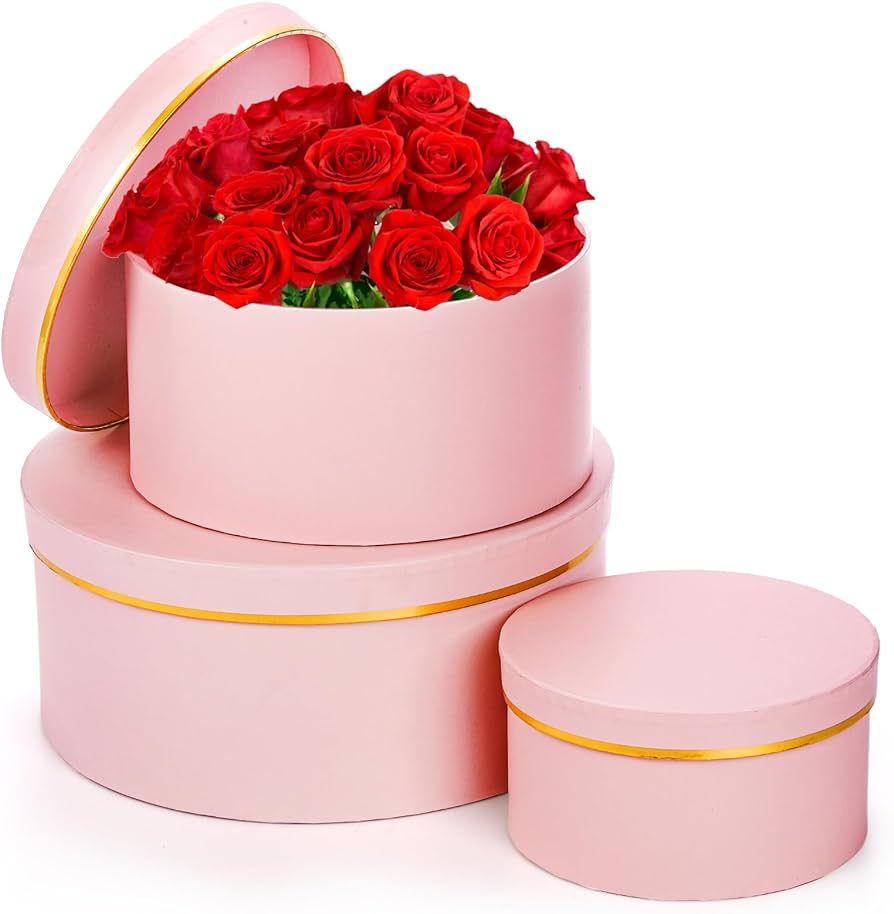 Coloch 3 Pcs Round Gift Boxes with Lid, Pink Flower Box with Golden Rim Nested Party Favor Boxes ... | Amazon (US)