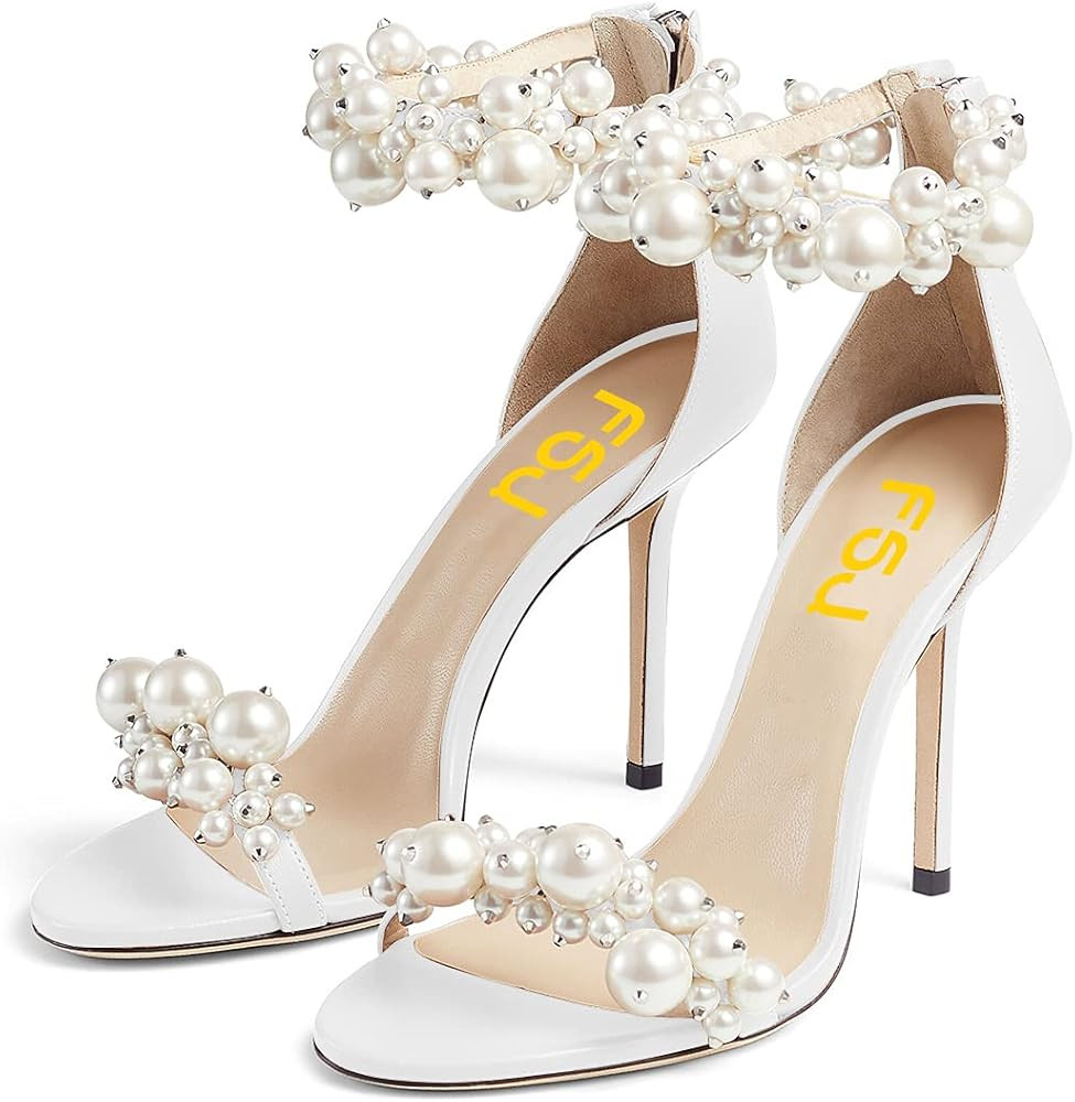 FSJ Women Fashion Dressy High Heel Stilettos Open Toe Pump Sandals Full Pearls Ankle Strap Zipper Pa | Amazon (US)