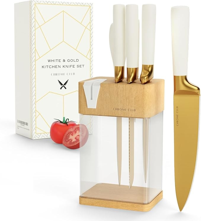 White and Gold Knife Set with Block - 7 Piece Gold Kitchen Knife Set with Sharpener - Vibrant Whi... | Amazon (US)