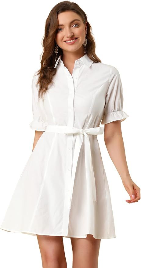 Allegra K Women's 2023 Summer Ruffled Short Sleeve Cotton Solid Color Belted Button Down Shirt Dr... | Amazon (US)