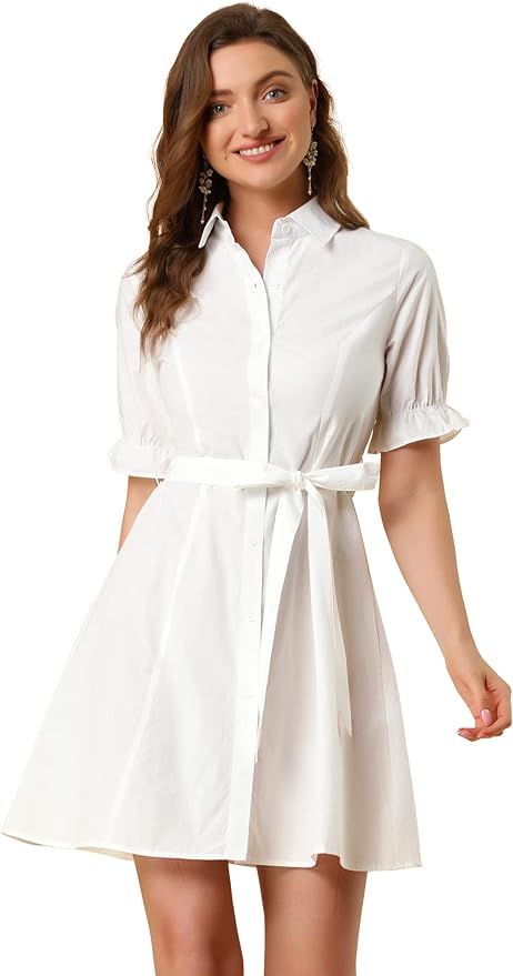 Allegra K Women's 2023 Summer Ruffled Short Sleeve Cotton Solid Color Belted Button Down Shirt Dr... | Amazon (US)