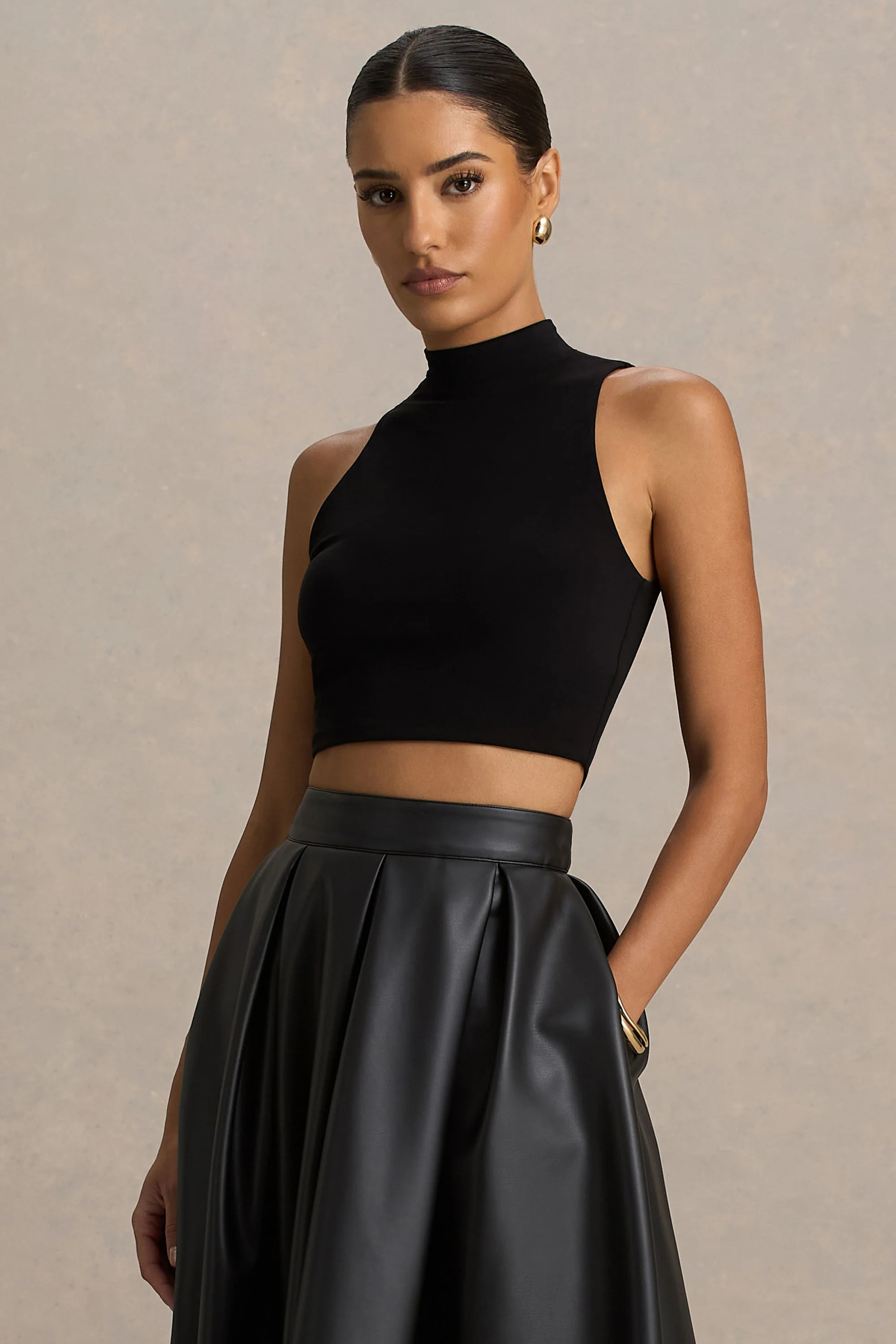 Sian | Black High-Neck Crop Top | Club L London