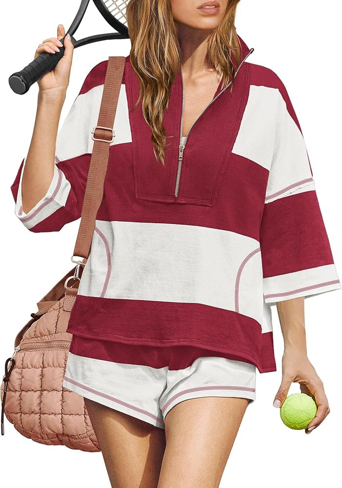 ReachMe Womens Workout Striped Short Sets 2 Piece Outfits Summer Matching Lounge Sets Top and Sho... | Amazon (US)