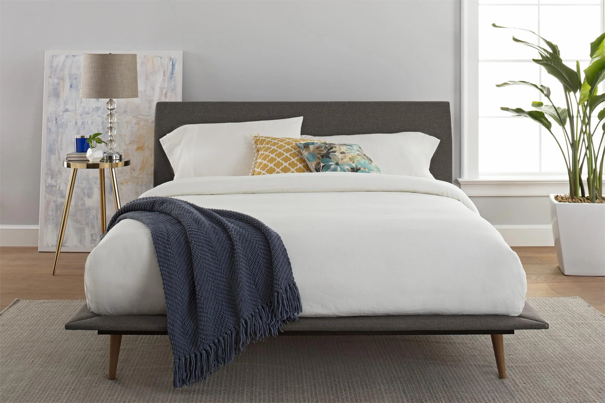 Better Homes & Gardens Flynn Mid Century Bed, Platform Frame, Queen, Gray Linen | Walmart (US)