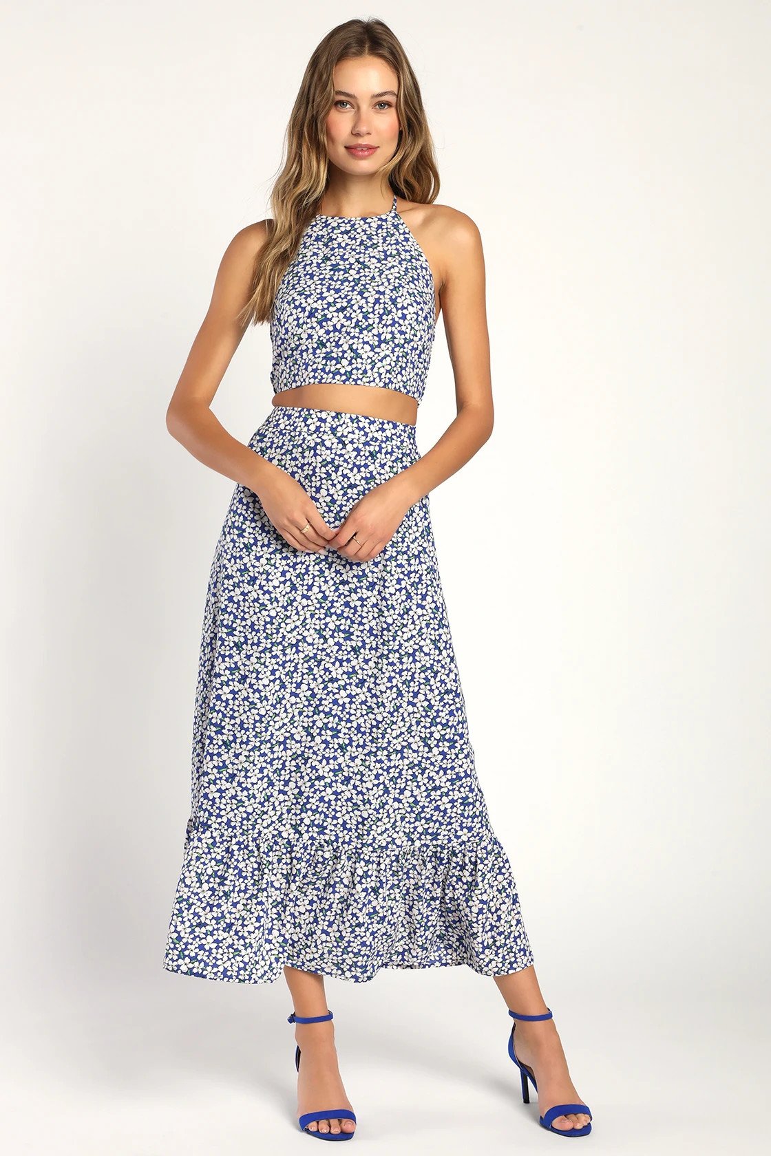 Breezy Botanicals Blue Floral Print Halter Two-Piece Midi Dress | Lulus (US)