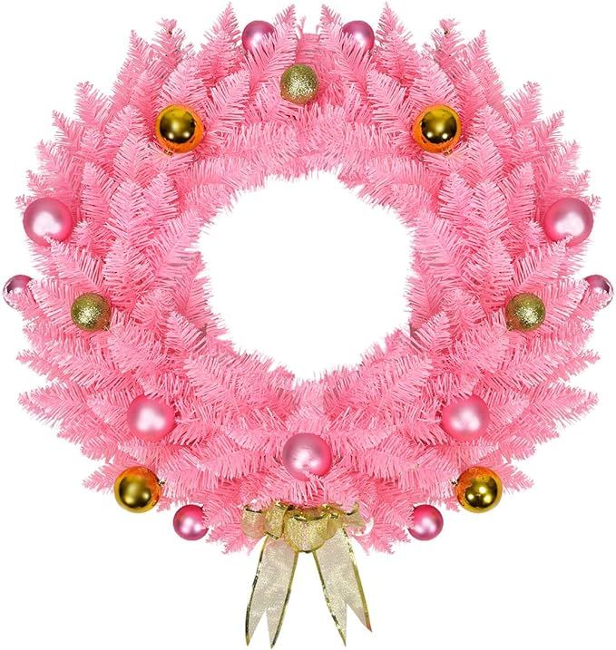 Goplus Pink Artificial Christmas Wreath, with Ornament Balls and Golden Bow, Perfect Xmas Decorat... | Amazon (US)