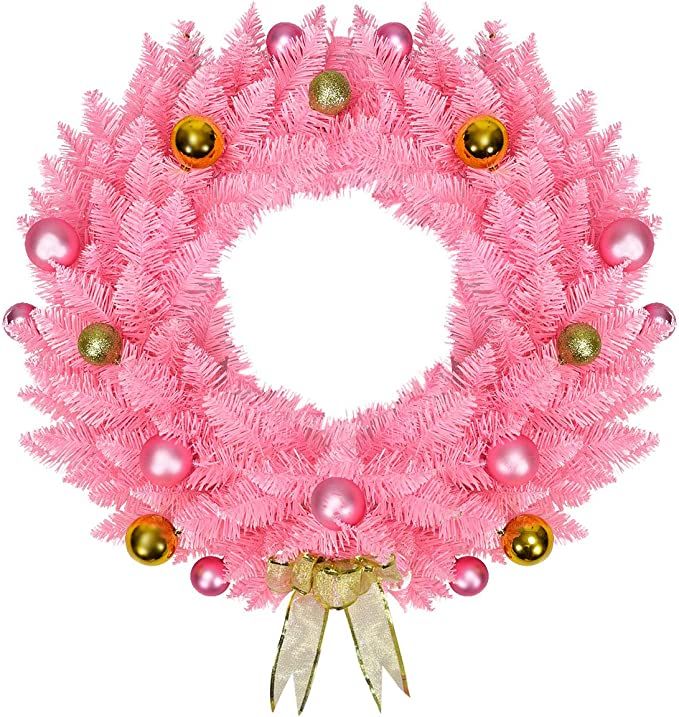 Goplus Pink Artificial Christmas Wreath, with Ornament Balls and Golden Bow, Perfect Xmas Decorat... | Amazon (US)