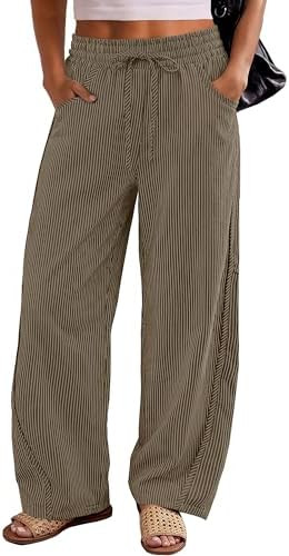 ANRABESS Womens Striped Barrel Casual Pants 2026 Trendy Summer Elastic Drawstring Baggy Lounge Wi... | Amazon (US)