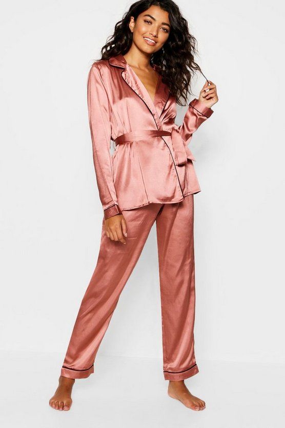 Satin Wrap Front Belted PJ Set | Boohoo.com (US & CA)