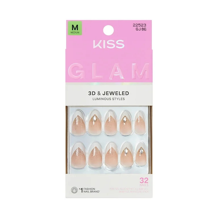 KISS GLAM 3D & Jewel Press On Nails  Almond, ‘Applause’, Neutral, Medium Length, 32 Count | Walmart (US)