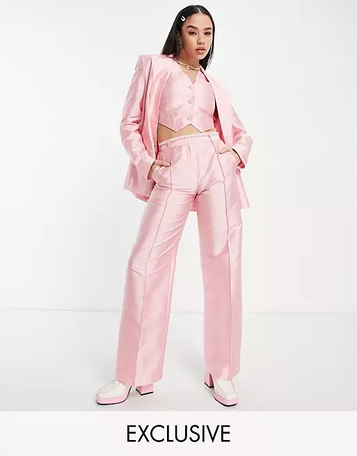 COLLUSION straight leg pants in pink with faux pearl belt - part of a set | ASOS (Global)