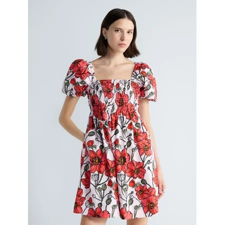 Free Assembly Women's and Women's Plus Smocked Cotton Peasant Mini Dress with Puff Sleeves, Sizes XS-4X | Walmart (US)